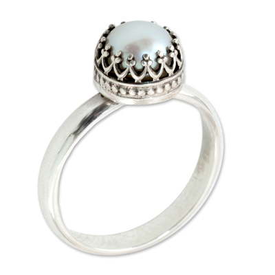 Cultured pearl cocktail ring, 'Taxco Royalty' - Hand Made Fine Silver Single Stone Pearl Ring