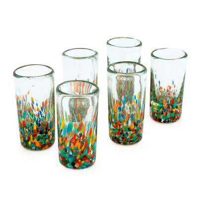 Blown glass shot glasses, 'Carnival' (set of 6) - Hand Blown Tequila Shot Glasses Set of 6 Multicolor Mexico