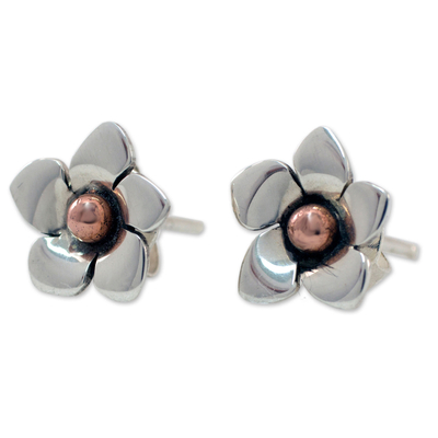 Silver button earrings, 'Taxco Wildflower' - Hand Made Floral Fine Silver Button Earrings from Mexico