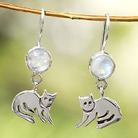 Moonstone dangle earrings, 'Cool Kitty Cat'