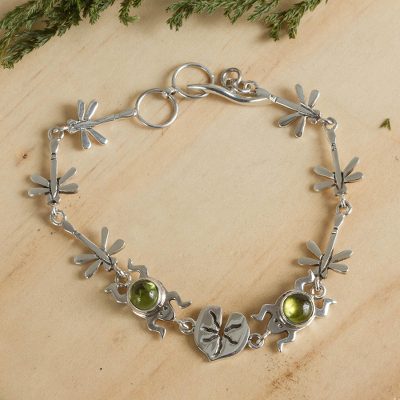 Peridot link bracelet, 'Lucky Green Frogs' - Peridot link bracelet
