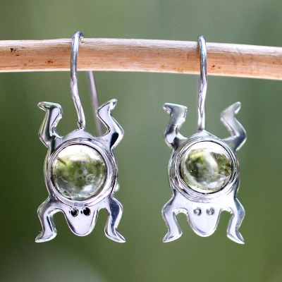 Peridot drop earrings, 'Lucky Green Frog' - Sterling Silver and Peridot Good Luck Earrings
