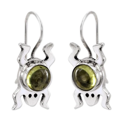 Peridot drop earrings, 'Lucky Green Frog' - Sterling Silver and Peridot Good Luck Earrings