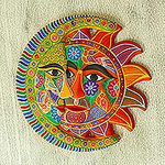 Yellow Hand Painted Sun and Moon Eclipse Ceramic Wall Art, 'Marigold Autumn'