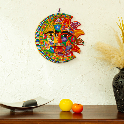 Ceramic eclipse, 'Marigold Autumn' - Yellow Hand Painted Sun and Moon Eclipse Ceramic Wall Art