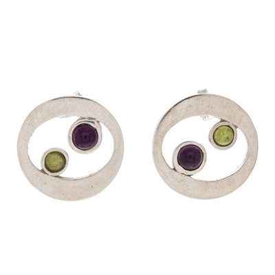 Amethyst and peridot button earrings, 'Drifters' - Unique Sterling Silver Amethyst and Peridot Earrings