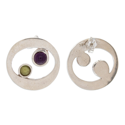 Pendientes botón de amatista y peridoto - Aretes únicos de plata esterlina con amatista y peridoto