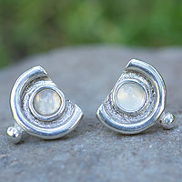Moonstone button earrings, 'Song of Light' - Handcrafted Sterling Silver Button Moonstone Earrings