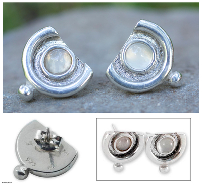 Pendientes botón piedra luna - Pendientes artesanales de plata de ley con botón de piedra luna