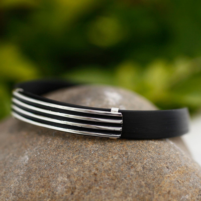 Men's sterling silver bracelet, 'Journey to Taxco' - Men's Collectible Taxco Silver and Black Rubber Bracelet
