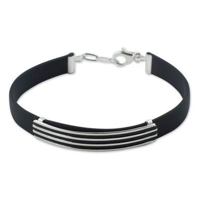 Men's sterling silver bracelet, 'Journey to Taxco' - Men's Collectible Taxco Silver and Black Rubber Bracelet