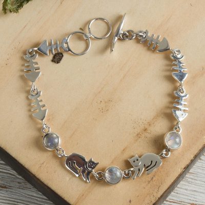 Moonstone link bracelet, 'Cool Kitty Cat' - Unique Sterling Silver Moonstone Bracelet