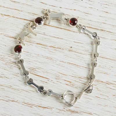 Garnet link bracelet, 'Pampered Puppy Dog' - Handcrafted Sterling Silver and Garnet Doggie Bracelet