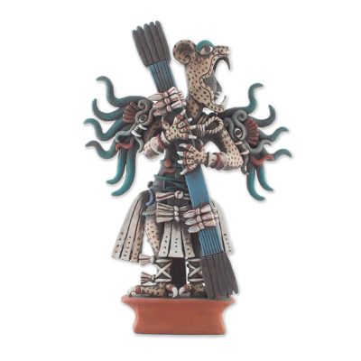 Ceramic sculpture, 'Jaguar Warrior' (large) - Collectible Aztec Multicolor Ceramic Wild Cat Sculpture