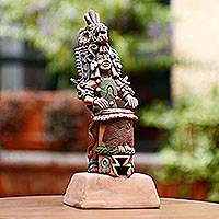 Ceramic sculpture, 'Jaguar Warrior and Huehuetl' - Unique Aztec Museum Replica Ceramic Sculpture