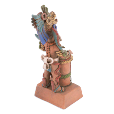 Ceramic sculpture, 'Jaguar Warrior and Huehuetl' - Unique Aztec Museum Replica Ceramic Sculpture
