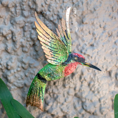 Iron wall sculpture, 'Little Emerald Hummingbird' - Bird Artisan Handcrafted Iron Wall Sculpture Mexico