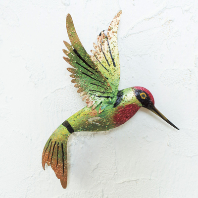 Iron wall sculpture, 'Little Emerald Hummingbird' - Bird Artisan Handcrafted Iron Wall Sculpture Mexico