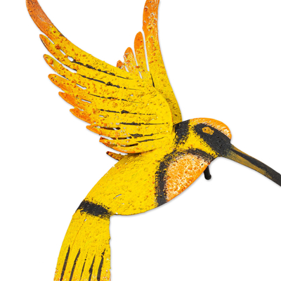 Iron wall sculpture, 'Little Yellow Hummingbird' - Hand Crafted Bird Wall Art Steel Sculpture from Mexico