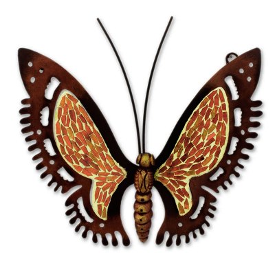 Iron wall sculpture, 'Golden Sunshine Butterfly' - Mexican Glass Mosaic Butterfly Orange Steel Wall Sculpture