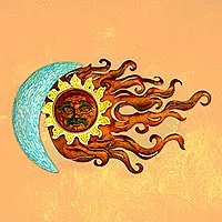 Escultura de pared de hierro, 'Eclipse del amante' - Escultura de pared de hierro hecha a mano con mosaico de vidrio de sol y luna