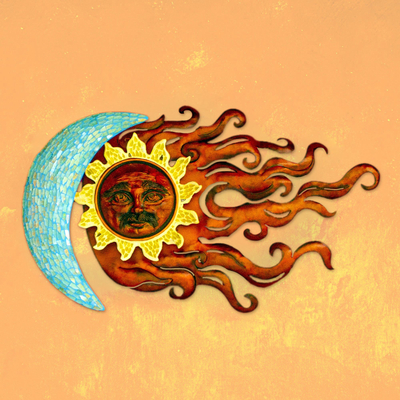 Iron wall sculpture, 'Lover's Eclipse' - Sun and Moon Glass Mosaic Hand Made Iron Wall Sculpture