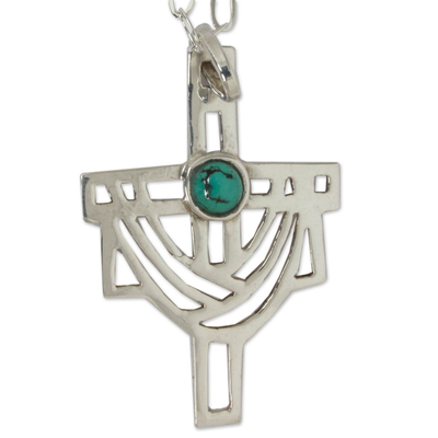 Turquoise cross necklace, 'Resurrection' - Hand Crafted Mexican Silver and Cross Religious Necklace