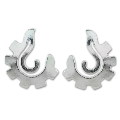 Sterling silver button earrings, 'Aztec Seashell' - Artisan Crafted Sterling Silver Button Earrings