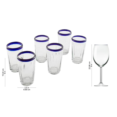Tumblers, 'Cobalt Groove' (set of 6) - Handmade Glass Recycled Juice Drinkware (Set of 6)