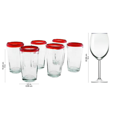 Tumblers, 'Ruby Groove' (set of 6) - 6 Collectible Mexican Recycled Red and Clear Glasses