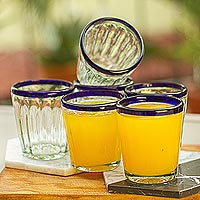 Juice glasses, 'Short Cobalt Groove' (set of 6) - Hand Blown Juice Glasses Set of 6 Blue Rim Mexico