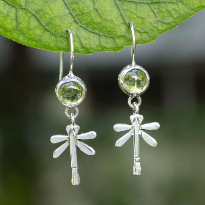 Peridot dangle earrings, 'Mexican Dragonfly' - Peridot Handmade Sterling Silver Dangle Earrings