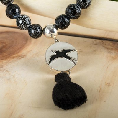 Beaded bracelet, 'Maya Freedom' - Fair Trade Mexican Silver and Agate Bird Bracelet