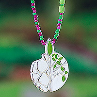 Sterling silver pendant necklace, 'Maya Tree of Life' - Hand Made Sterling Silver and Glass Bead Necklace