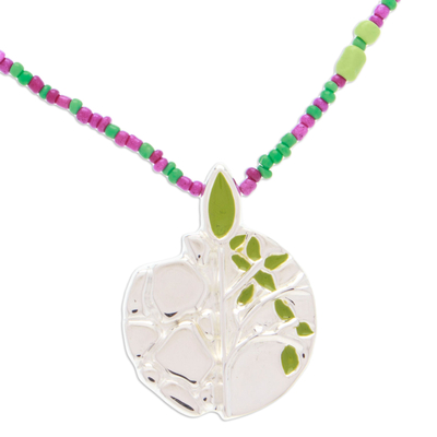 Sterling silver pendant necklace, 'Maya Tree of Life' - Hand Made Sterling Silver and Glass Bead Necklace