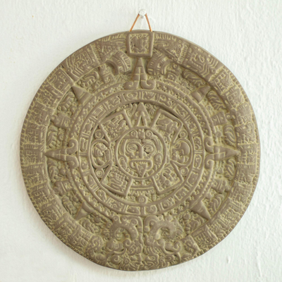Placa de cerámica, 'Calendario Azteca en Gris' - Placa de cerámica