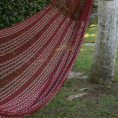 Cotton hammock, 'Burgundy Riviera' (double) - Double Mayan Rope Style Cotton Hammock Mexico