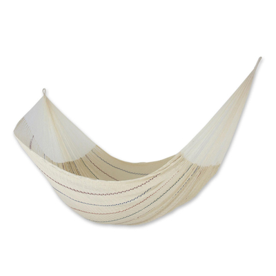 Handmade Beige Cotton Mayan Hammock with Stripes from Mexico