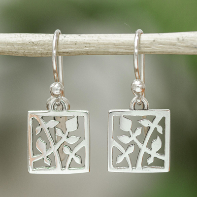 Sterling silver dangle earrings, 'Cacao Tree' - Handcrafted Sterling Silver Dangle Leaf Earrings