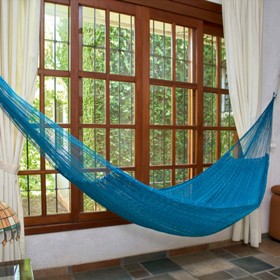 Hammock, 'Maya Bondi' (double) - Aqua Double Nylon Mayan Hammock