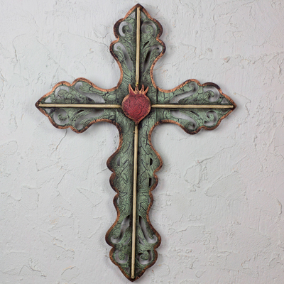 Steel wall art, 'Jesus Sacred Heart on Fire with Divine Love' - Hand Made Cross Green Religious Steel Wall Sculpture Mexico