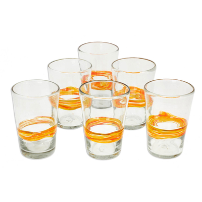 Blown glass tumblers, 'Ribbon of Sunshine' (set of 6) - Handblown Glass Recycled Striped Clear and Yellow Glasses