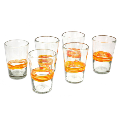 Blown glass tumblers, 'Ribbon of Sunshine' (set of 6) - Handblown Glass Recycled Striped Clear and Yellow Glasses