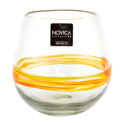 Blown glass drinking glasses, 'Round Ribbon of Sunshine' (set of 6) - Handblown Recycled Glasses with Yellow Accents