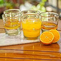 Blown glass rocks glasses, 'Ribbon of Sunshine' (set of 6) - Mexico Artisan Handblown Glass Striped Tumbler Drinkware