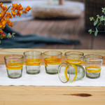 Blown glass rocks glasses, 'Ribbon of Sunshine' (set of 6) - Mexico Artisan Handblown Glass Striped Tumbler Drinkware
