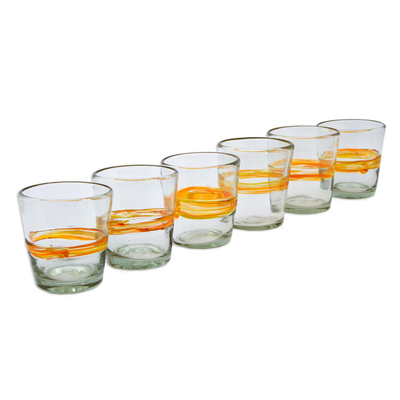 Handblown rock glasses, 'Ribbon of Sunshine' (set of 6) - Set of 6 Eco-Friendly Handblown Rock Glasses in Golden Hues