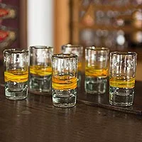 Blown glass shot glasses, 'Ribbon of Sunshine' (set of 6) - Unique Handblown Tequila Shot Glass Set