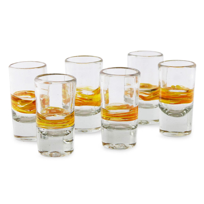 Blown glass shot glasses, 'Ribbon of Sunshine' (set of 6) - Handblown Glass Striped Tequila Shot Drinkware (Set of 6)