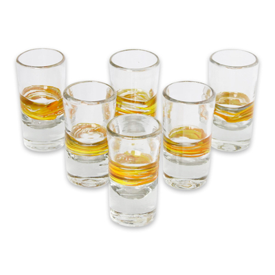 Blown glass shot glasses, 'Ribbon of Sunshine' (set of 6) - Handblown Glass Striped Tequila Shot Drinkware (Set of 6)